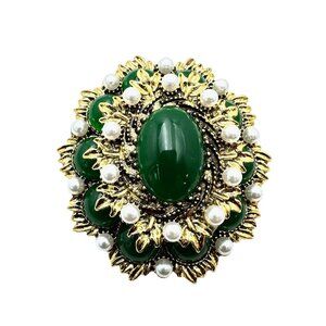 Green Cabochons Faux Pearl Gold Tone Vintage Style 3 Inch Brooch Pin